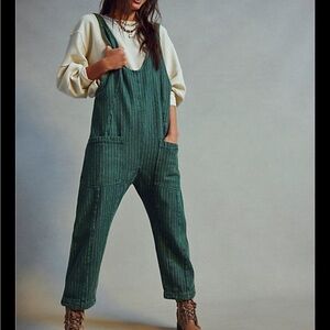 Free People High Roller Green Striped Overalls